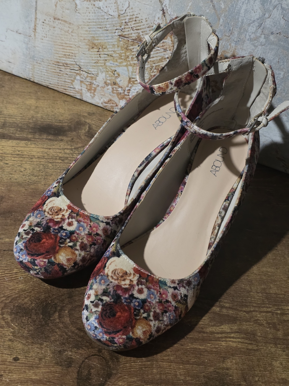 Super Fun Summer Floral Ankle-Strap Flats in Multi Floral Velvet And Box Heel.